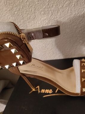 Anne Michelle Brown Gold-Stud Ankle-Strap Heels